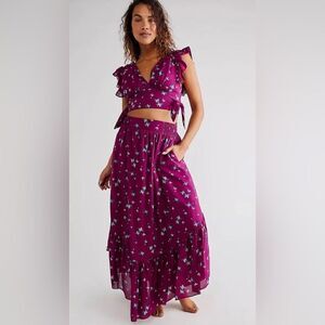 NWT FREE PEOPLE Sz S PRETTY DAYZ PRINTED CROP TOP & SMOCKED MIDI SKIRT SET